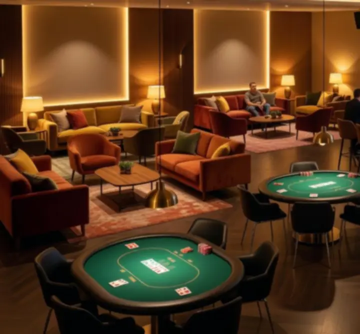 Podział przestrzeni Quarvo Scene na stoły pokerowe, bar sportowy i strefy wypoczynku
