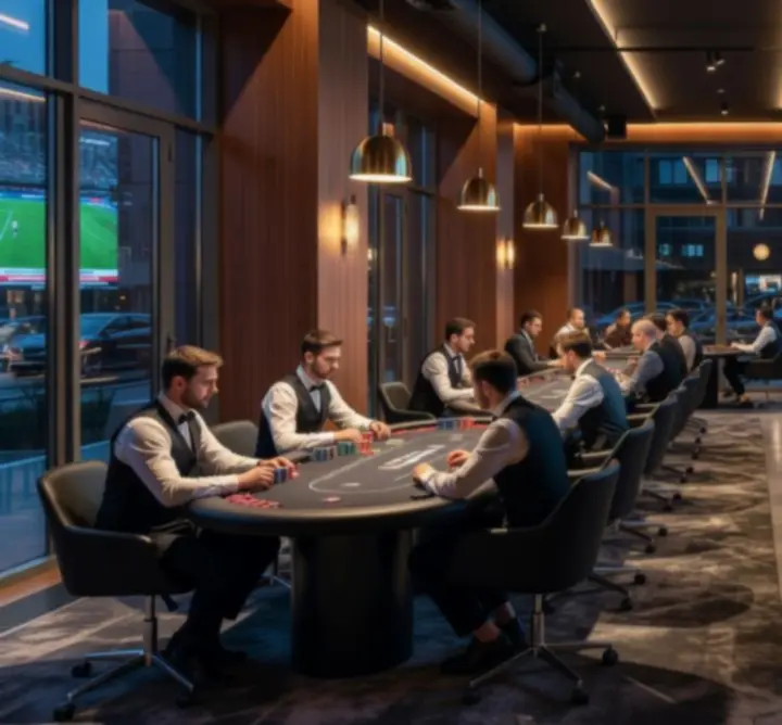 Wnętrze Quarvo Scene z nowoczesnymi stołami pokerowymi i ekranami sportowymi